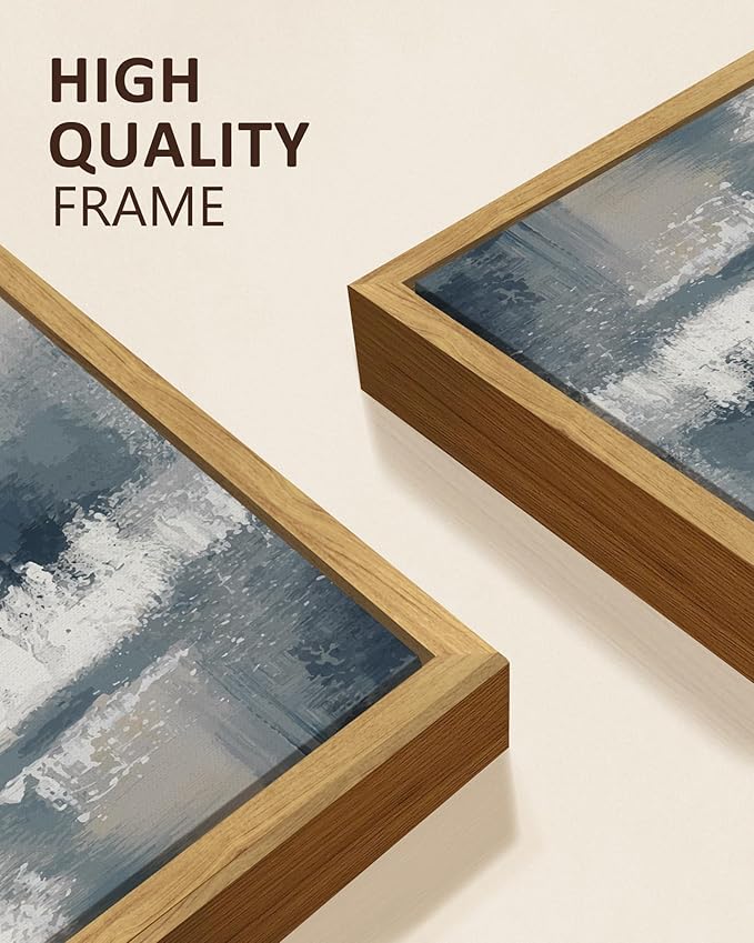 KUVIOKE Navy Blue and Gray Abstract Framed Canvas Wall Art Brush Strokes Block Shape Pastel Wall Decor Modern Minimalist Art Painting for Bedroom Dining Room 12x16in (Natural Framed)