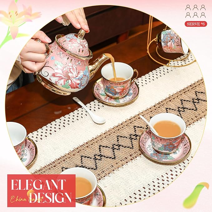20 Pcs Porcelain Tea Set for Adults with Metal Holder and Spoon European Ceramic Tea Party Set Flower Painting Teapot Cup Gold Plated Saucer for Women, Serving 6 People(Fresh)