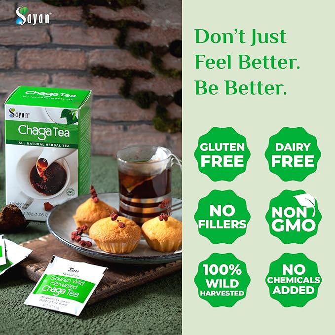 Sayan Siberian Chaga Mushroom Tea 1.05 Oz / 30g – 20 Unbleached Bags, Wild Harvested Organic Antioxidant No Caffeine. Raw and Extract Blend. Immune, Digestion Support. Detox, Focus Energy Boost