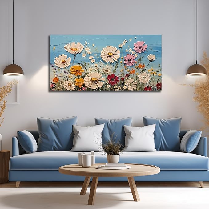 Colorful Floral Canvas Wall Art - Abstract Flower Pictures with Blue Background for Living Room Bedroom Office Wall Decor, Horizontal Printed Painting Artwork Home Decorations, Size 48x24 Inches