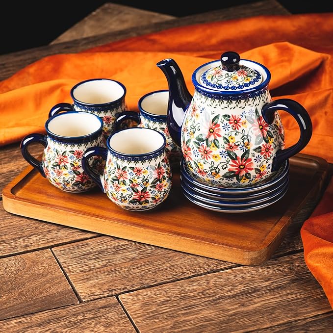 polish pottery style porcelain ceramic 10 piece Tea set,7.2oz tea cup and sauce set of 4,28.2oz teapot and wooden serving tray.（ Exotic Daisy）