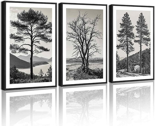 KUVIOKE Vintage Tree Framed Canvas Wall Art Black and White Retro Antique Forest Drawings Nature Wilderness Sketch Wall Painting Modern Decor 16x24in (Black Framed)