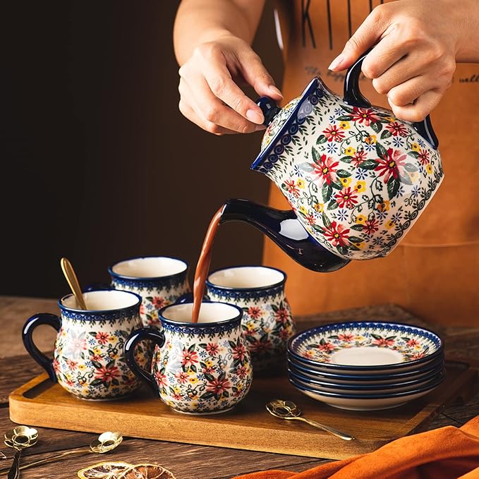 polish pottery style porcelain ceramic 10 piece Tea set,7.2oz tea cup and sauce set of 4,28.2oz teapot and wooden serving tray.（ Exotic Daisy）