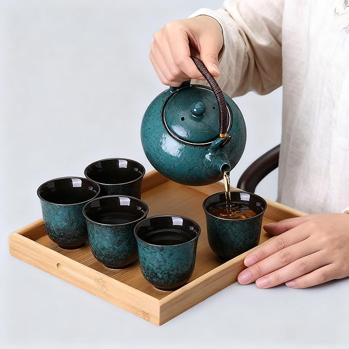 KEYDUACU Japanese Tea Set, Ceramic Tea Set, Plum Blossom Embossed, Teapot, 6 Teacups, Tea Tray, Strainer, Home, Outdoor, Gift, Chinese Kung Fu Tea Set (Pine Green)