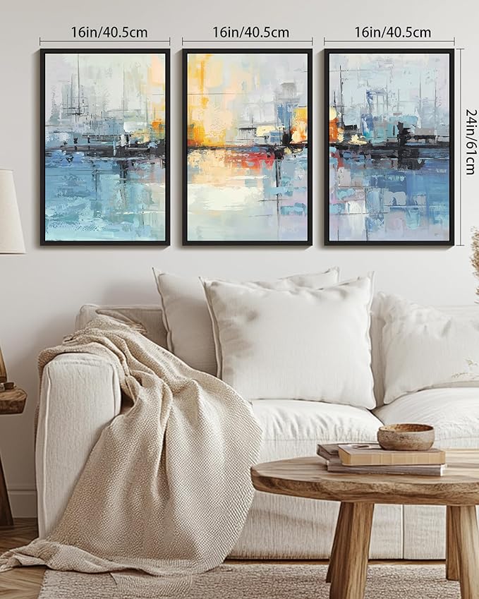 KUVIOKE Navy Blue Abstract Landscape Framed Canvas Wall Art Graffiti Shape Pastel Wall Decor Modern Minimalist Art Painting for Bedroom Dining Room 16x24in (Black Framed)