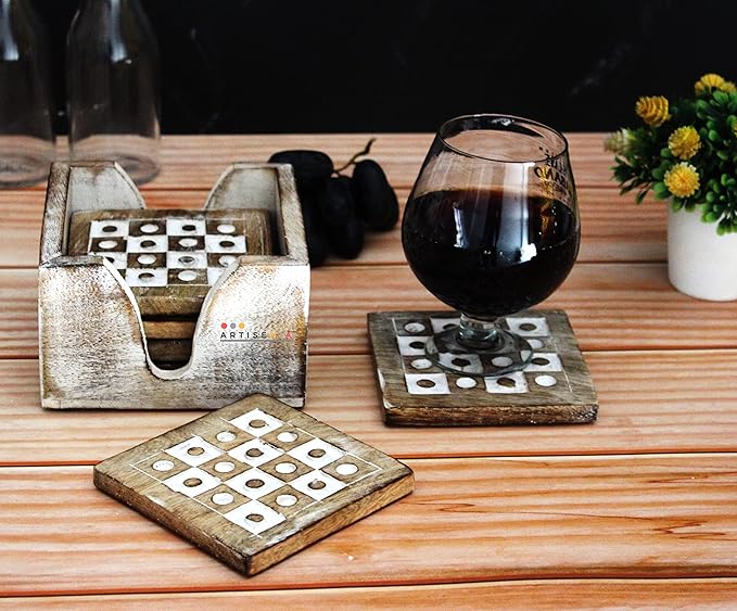 Wooden Set of 6 Whitewash Coasters for Drink Tea Coffee Table White Distressed Coaster with Holder Stand Dining Home Décor (Design2)