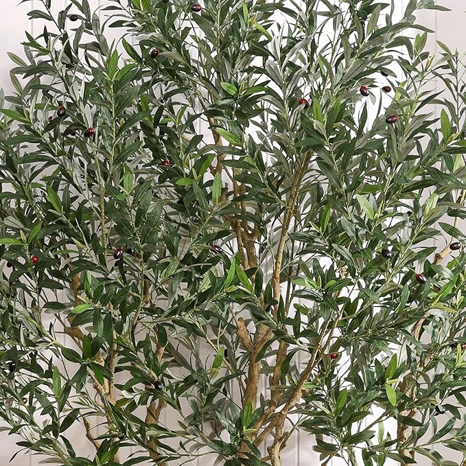 Olive Tree Artificial Indoor, 8FT Tall Faux Olive Tree with 18in White Planter, Artificial Plants with Natural Wood Trunk and Lifelike Fruits for Home Office Decor,VN205