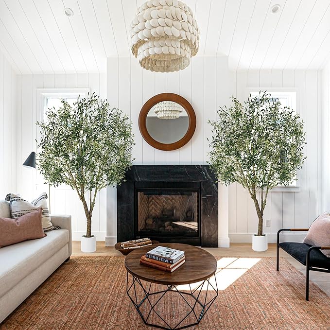 Olive Trees Artificial Indoor, 7ft Realistic Artificial Olive Tree with Natural Wood Trunk Lifelike Fruits Pre Assembled No Maintenance, Sturdy White Planter for Home Office Decor Perfect