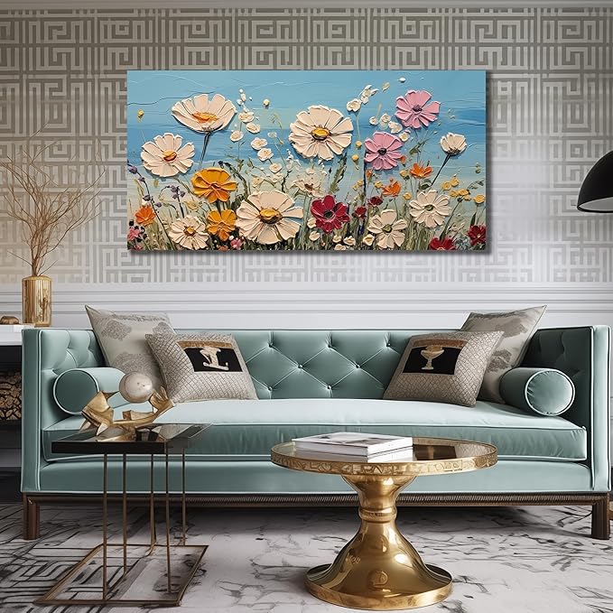 SKYRISE Colorful Floral Canvas Wall Art - Abstract Flower Pictures with Blue Background for Living Room Bedroom Office Wall Decor, Printed Painting Artwork Home Decorations, Large Size 58x29 Inches