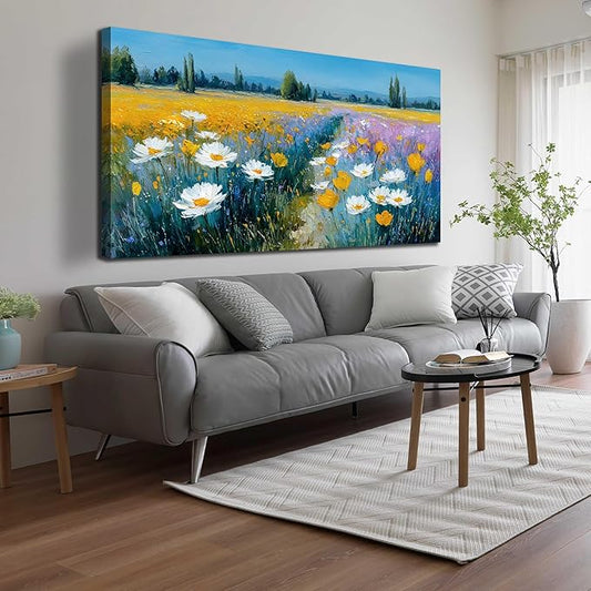 White Daisy Floral Canvas Wall Art - Abstract Yellow Wildflowers Landscape Nature Pictures with Blue Background for Living Room Bedroom Office Wall Decor, Printed Painting Artwork, Size 58x29 Inches