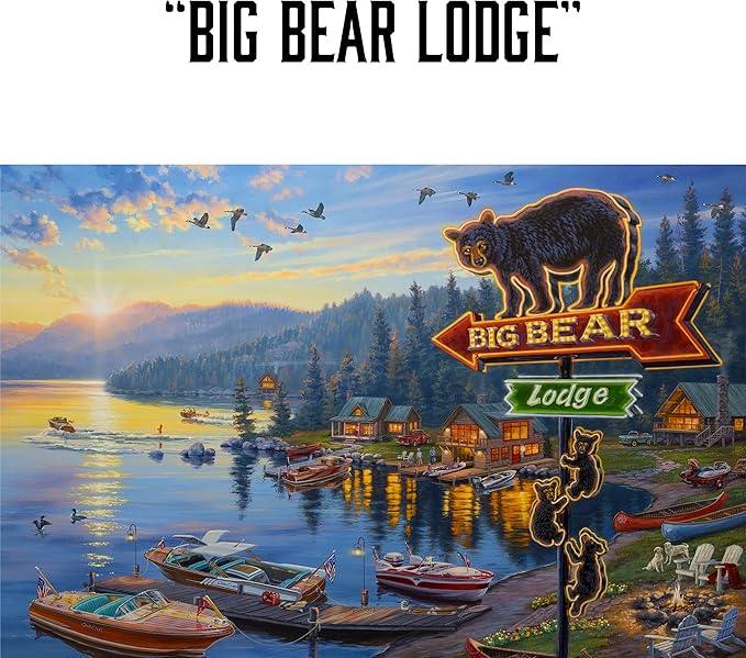 Rivers Edge Products LED Canvas Wall Art, 24 by 16 Inches, Fiber Optic Light Up Wall Decor, Battery Operated Lighted Nature Canvas Print, LED Light Kitchen, Bedroom, or Home Decor, Big Bear Lodge