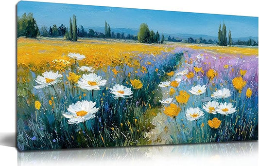 White Daisy Floral Canvas Wall Art - Abstract Yellow Wildflowers Landscape Nature Pictures with Blue Background for Living Room Bedroom Office Wall Decor, Printed Painting Artwork, Size 40x20 Inches