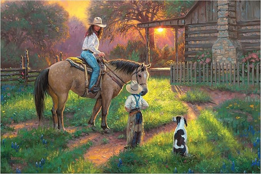 Rivers Edge Products LED Canvas Wall Art, 24 by 16 Inches, Fiber Optic Light Up Wall Decor, Battery Operated Lighted Nature Canvas Print, LED Light Kitchen, Bedroom, or Home Decor, Woman on Horse