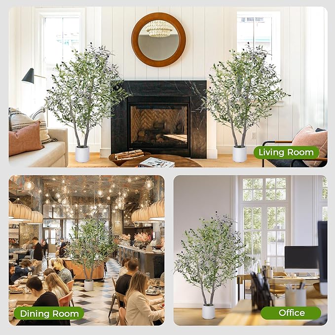Olive Trees Artificial Indoor, 5FT Realistic Artificial Olive Tree with Natural Wood Trunk Lifelike Fruits Pre Assembled No Maintenance, Sturdy White Planter for Home Office Decor Perfect