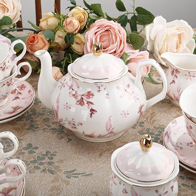 fanquare 21 Pieces British Porcelain Tea Set with Gold Trim, Pink Autumn Leaves Floral Tea Sets for Women Tea Party, 6 Teacup and Saucers for Coffee Home Wedding