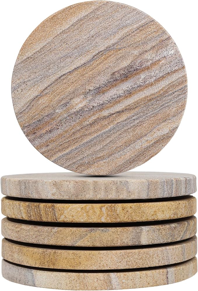 Sandstone Water Absorbent Hand Crafted Round Coasters for Drinks - 4 Inches Wide Thirsty Stone Bar/Drink Coasters- Made from Rainbow Sandstone (Set of 6 with Holder)