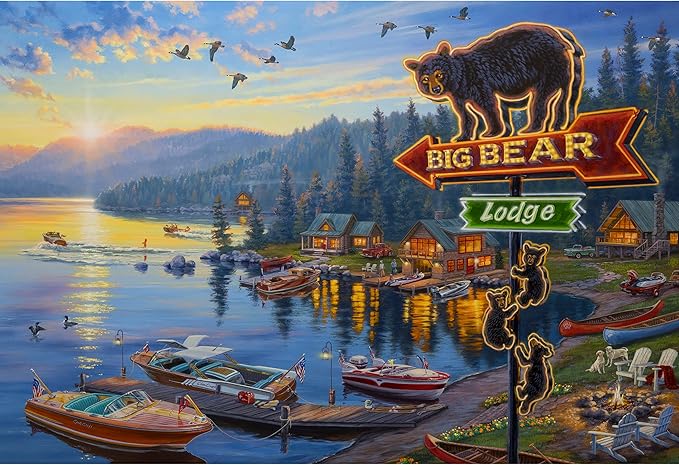 Rivers Edge Products LED Canvas Wall Art, 24 by 16 Inches, Fiber Optic Light Up Wall Decor, Battery Operated Lighted Nature Canvas Print, LED Light Kitchen, Bedroom, or Home Decor, Big Bear Lodge