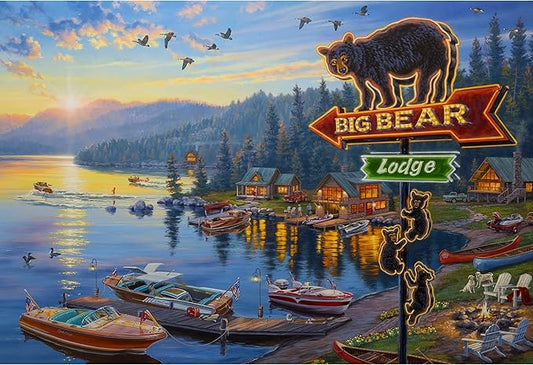 Rivers Edge Products LED Canvas Wall Art, 24 by 16 Inches, Fiber Optic Light Up Wall Decor, Battery Operated Lighted Nature Canvas Print, LED Light Kitchen, Bedroom, or Home Decor, Big Bear Lodge