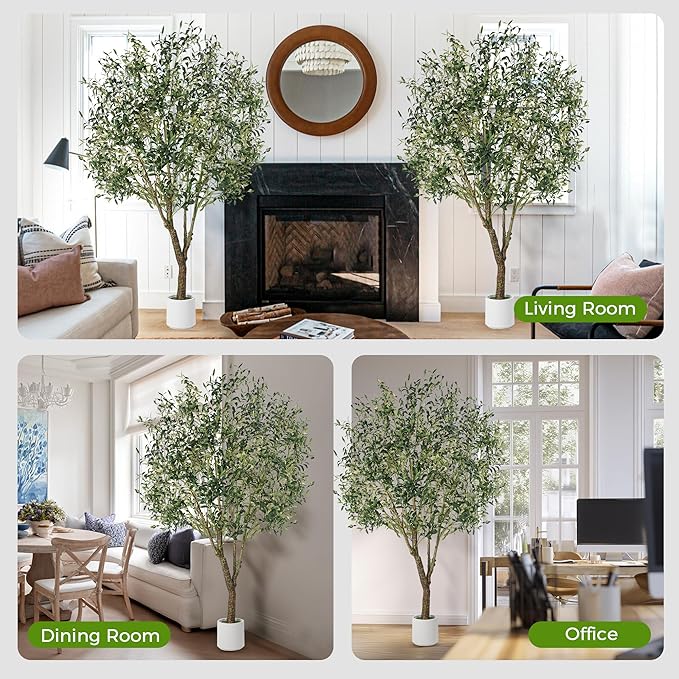 Olive Trees Artificial Indoor, 7ft Realistic Artificial Olive Tree with Natural Wood Trunk Lifelike Fruits Pre Assembled No Maintenance, Sturdy White Planter for Home Office Decor Perfect