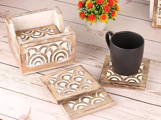 Wooden Set of 6 Whitewash 3D design Coasters for Drink Tea Coffee Table White Distressed Coaster with Holder Stand Dining Home Décor