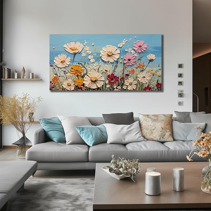 SKYRISE Colorful Floral Canvas Wall Art - Abstract Flower Pictures with Blue Background for Living Room Bedroom Office Wall Decor, Printed Painting Artwork Home Decorations, Large Size 58x29 Inches