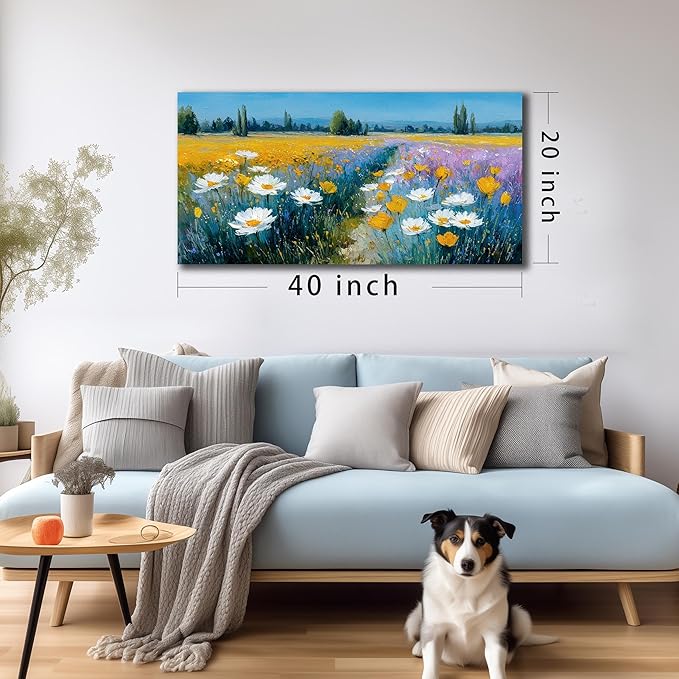 White Daisy Floral Canvas Wall Art - Abstract Yellow Wildflowers Landscape Nature Pictures with Blue Background for Living Room Bedroom Office Wall Decor, Printed Painting Artwork, Size 40x20 Inches