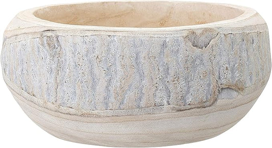 Bloomingville Decorative Hand-Carved Paulownia Wood Bowl, Whitewashed, 10.5 in Diameter, 4.25 in Tall