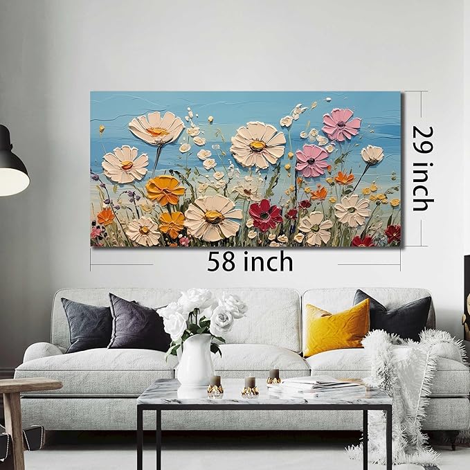 SKYRISE Colorful Floral Canvas Wall Art - Abstract Flower Pictures with Blue Background for Living Room Bedroom Office Wall Decor, Printed Painting Artwork Home Decorations, Large Size 58x29 Inches