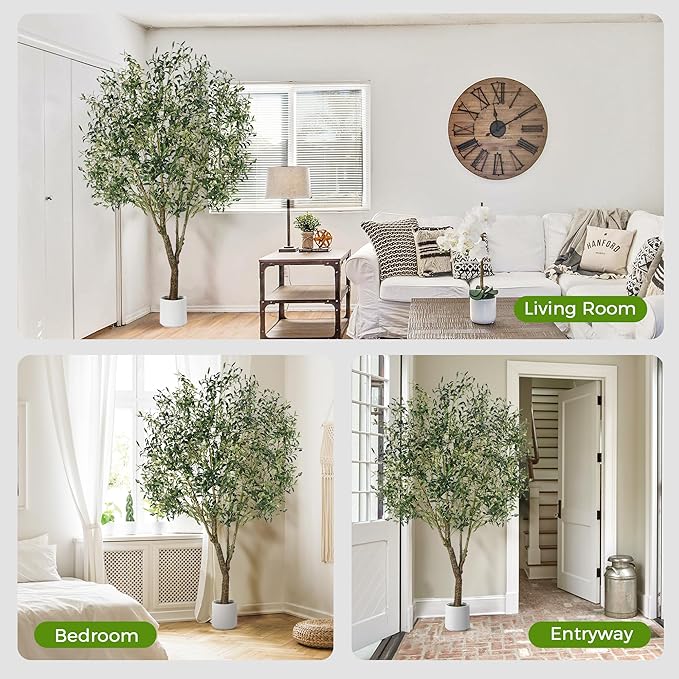 Olive Trees Artificial Indoor, 7ft Realistic Artificial Olive Tree with Natural Wood Trunk Lifelike Fruits Pre Assembled No Maintenance, Sturdy White Planter for Home Office Decor Perfect