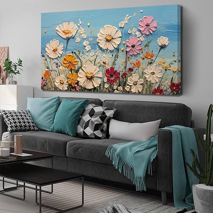 SKYRISE Colorful Floral Canvas Wall Art - Abstract Flower Pictures with Blue Background for Living Room Bedroom Office Wall Decor, Printed Painting Artwork Home Decorations, Large Size 58x29 Inches