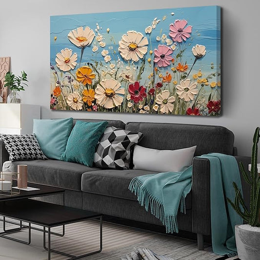 SKYRISE Colorful Floral Canvas Wall Art - Abstract Flower Pictures with Blue Background for Living Room Bedroom Office Wall Decor, Printed Painting Artwork Home Decorations, Large Size 58x29 Inches