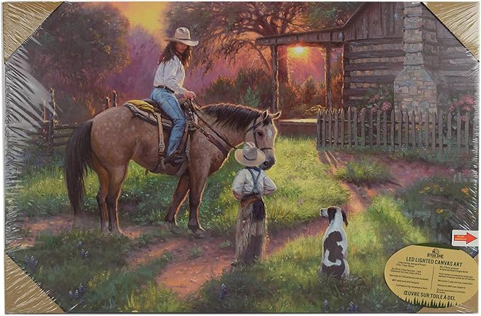 Rivers Edge Products LED Canvas Wall Art, 24 by 16 Inches, Fiber Optic Light Up Wall Decor, Battery Operated Lighted Nature Canvas Print, LED Light Kitchen, Bedroom, or Home Decor, Woman on Horse