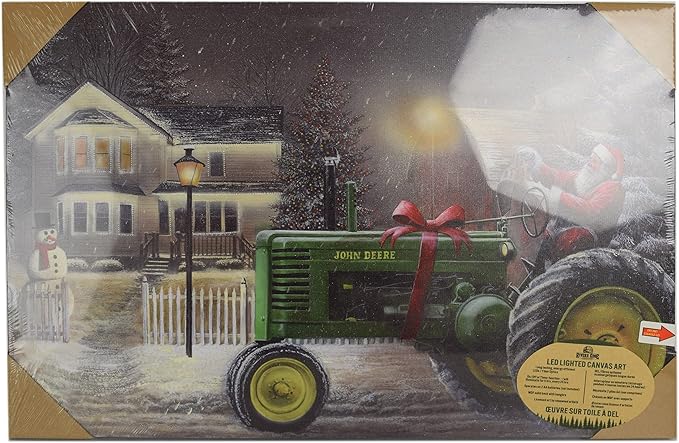 Rivers Edge Products LED Canvas Wall Art, 24 by 16 Inches, Fiber Optic Light Up Wall Decor, Battery Operated Lighted Nature Canvas Print, LED Light Kitchen, Bedroom, or Home Decor, Santa/Tractor