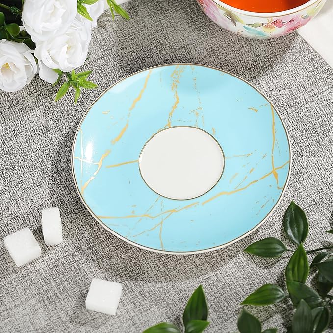 fanquare Pink Floral Teapot, Tea Cup and Saucer Set with Gold Trim, Porcelain Tea for One Tea Set for Gift, Blue