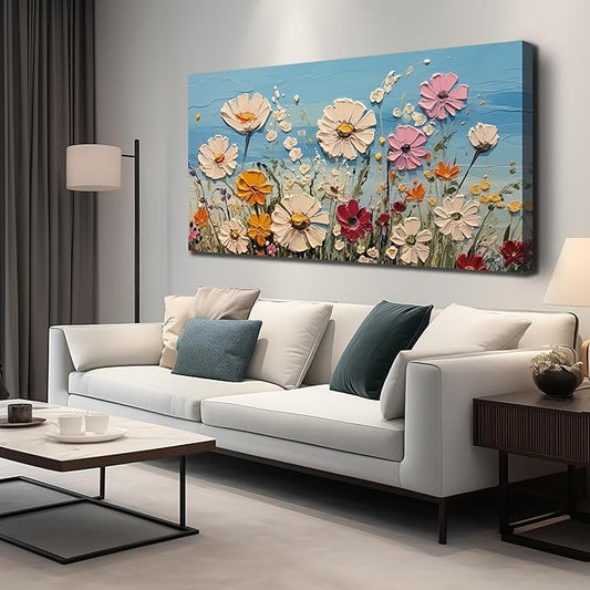 Colorful Floral Canvas Wall Art - Abstract Flower Pictures with Blue Background for Living Room Bedroom Office Wall Decor, Horizontal Printed Painting Artwork Home Decorations, Size 48x24 Inches