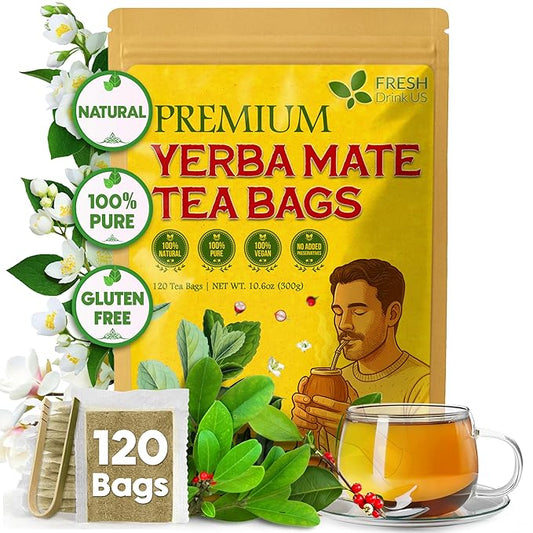 FreshDrinkUS, Yerba Mate Tea Bags | 120 Tea Bags | Traditional South American Herbal Tea – Smooth & Refreshing Flavor – Premium Quality, Sustainably Sourced. Vegan.